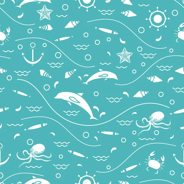 Söta sömlösa mönster med delfiner, bläckfisk, fisk, ankare, rodret — Stock vektor