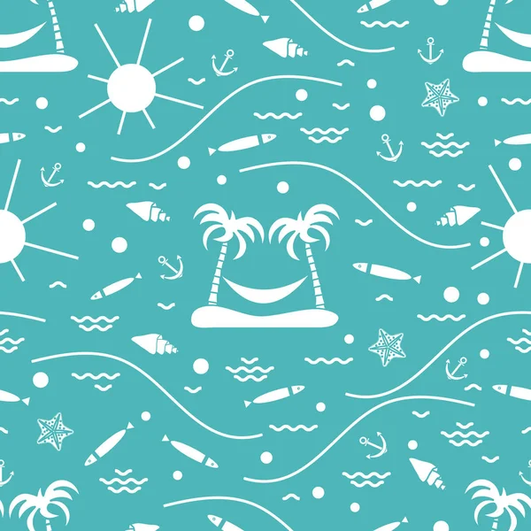 Cute seamless pattern with fish, island with palm trees and a ha — Stock Vector