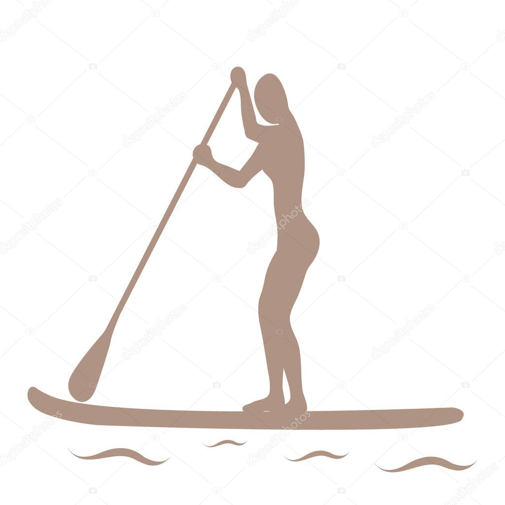 Vector illustration of stand up paddling female silhouette icon.