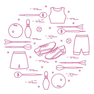 Vektör çizim ile bir daire içinde düzenlenen spor için ürünler. 