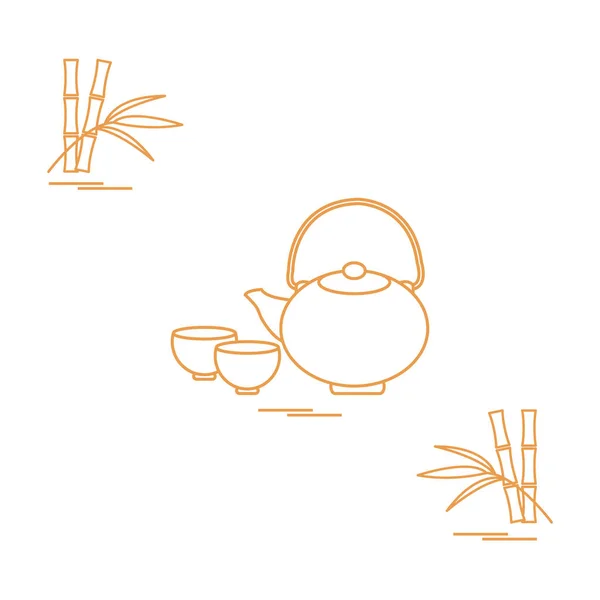 Icono estilizado de la tetera con dos tazas y bambú. Ceremonia de té — Vector de stock