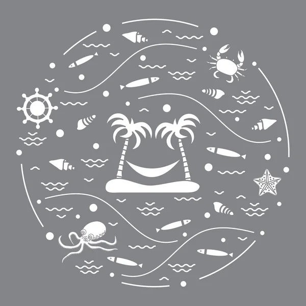 Мила векторна ілюстрація з восьминогами, рибою, островом з пальмою — стоковий вектор