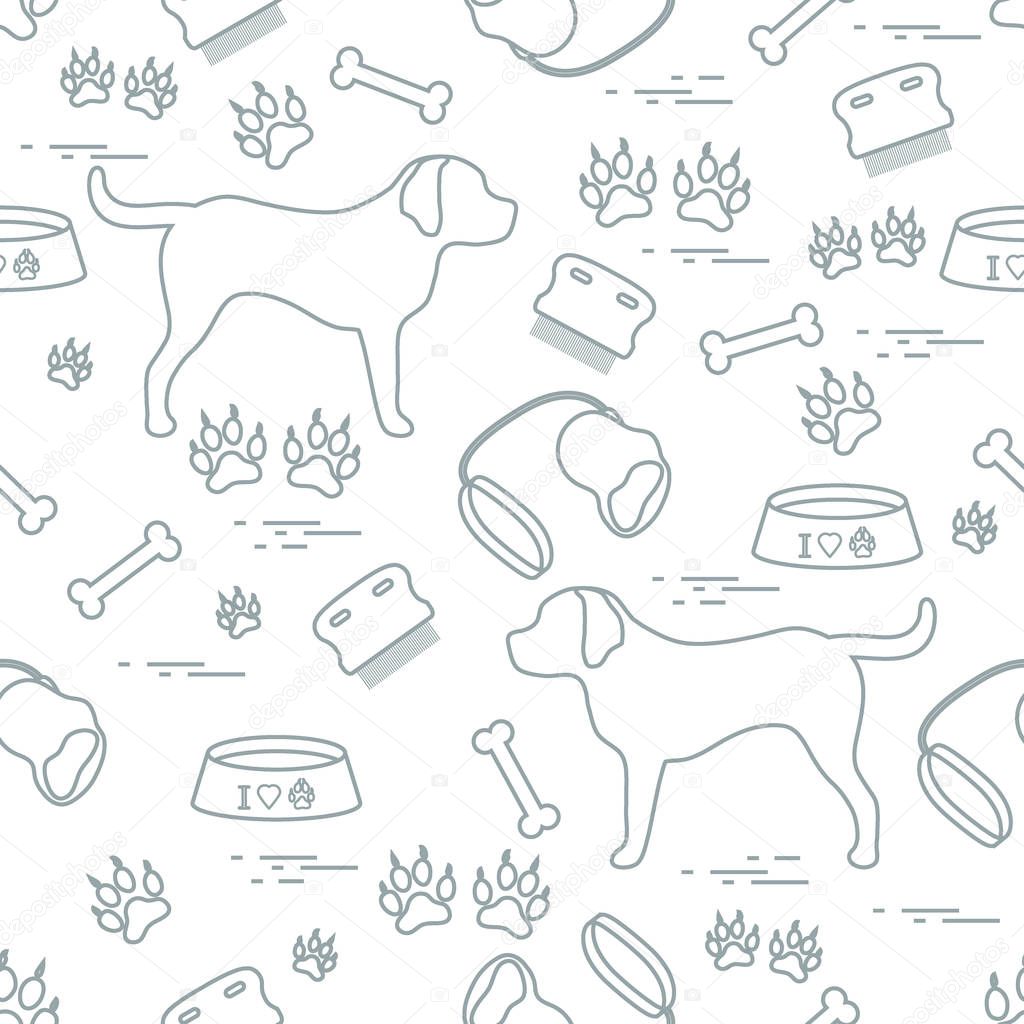 Cute seamless pattern with dog silhouette, bowl, traces, bone, b