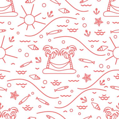 Balık, palmiye ağaçları ile ada ile şirin Dikişsiz desen ve bir ha