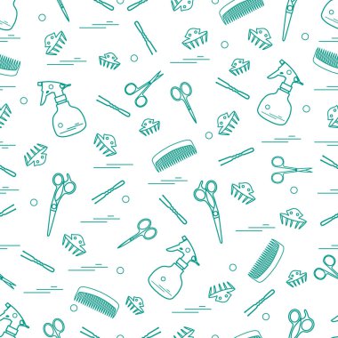 Makas, taraklar, hairclip, tokalar ve püskürtücü şirin desen.