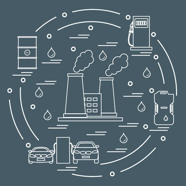 Lindo vector ilustración de planta de refinería con chimeneas humeantes — Vector de stock