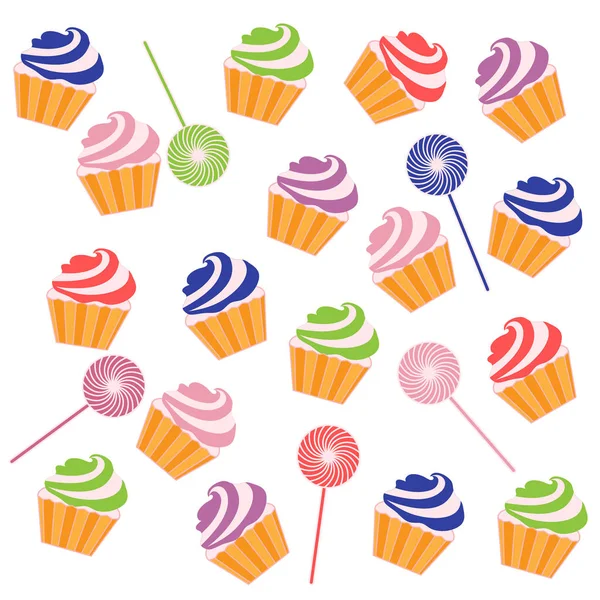 Bonito patrón con cupcakes de colores y piruletas — Vector de stock