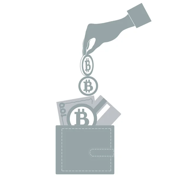 Icona stilizzata di una mano colorata versando bitcoin nel portafoglio arguzia — Vettoriale Stock