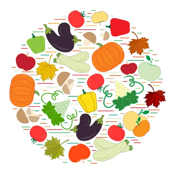 Conjunto de frutas y verduras de temporada de otoño en círculo. Tomate , — Vector de stock