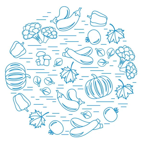 Daire içinde sonbahar mevsim sebzeleri kümesi. Domates, biber, zuc