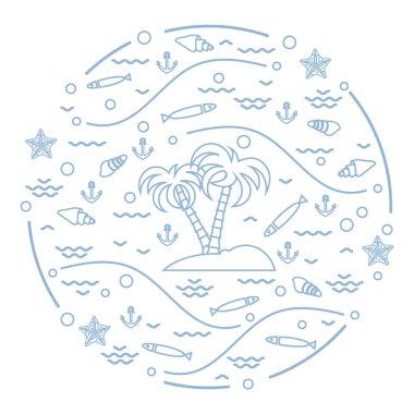 Balık, palmiye ağaçları, anch ile ada ile sevimli vektör çizim