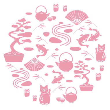 Bonsai ağacı, çaydanlık iki bardak ile sevimli vektör çizim,