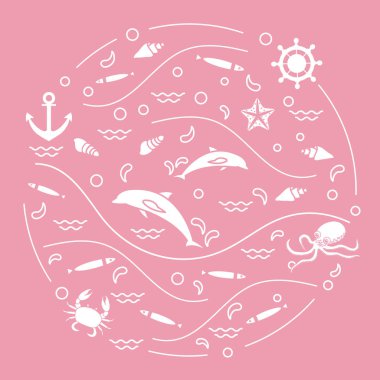 Yunuslar, ahtapot, balık, çapa, h ile sevimli vektör çizim