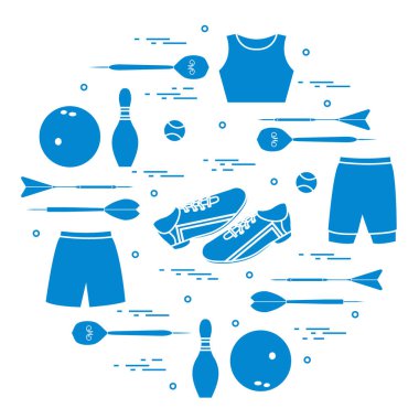 Vektör çizim ile bir daire içinde düzenlenen spor için ürünler. 