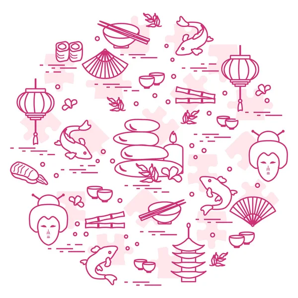 Japon kadın yüzü, fener, kase ile sevimli vektör çizim
