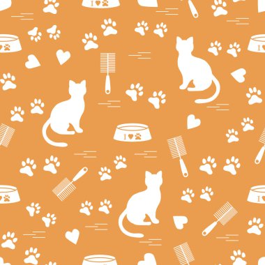 Güzel desen oturan kedi, izleri, kupa, kase silueti ve