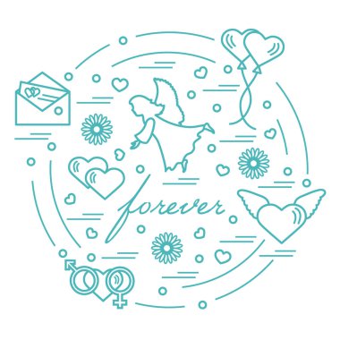 Sevimli vektör çizim farklı aşk sembolleri ile: Kalpler, ai