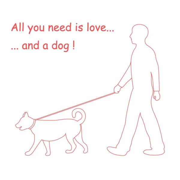 가죽 끈에 개를 산책 하는 남자의 실루엣. 디자인 요소 — 스톡 벡터