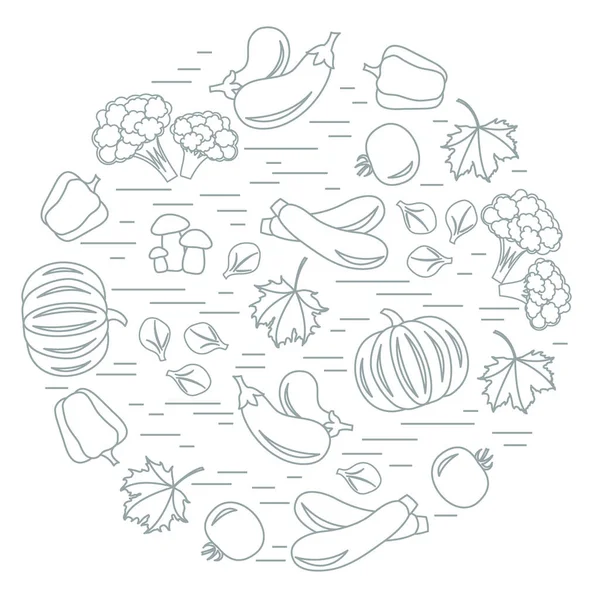 Daire içinde sonbahar mevsim sebzeleri kümesi. Domates, biber, zuc