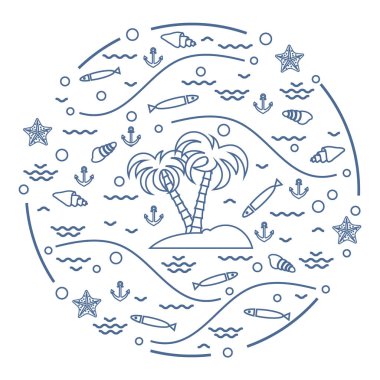 Balık, palmiye ağaçları, anch ile ada ile sevimli vektör çizim