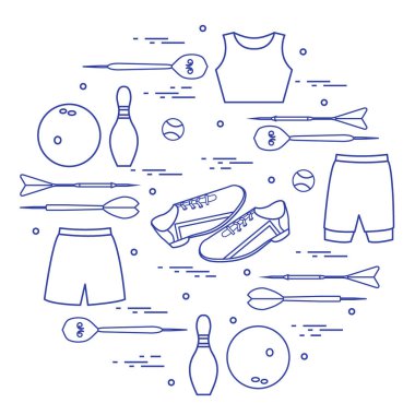 Vektör çizim ile bir daire içinde düzenlenen spor için ürünler. 
