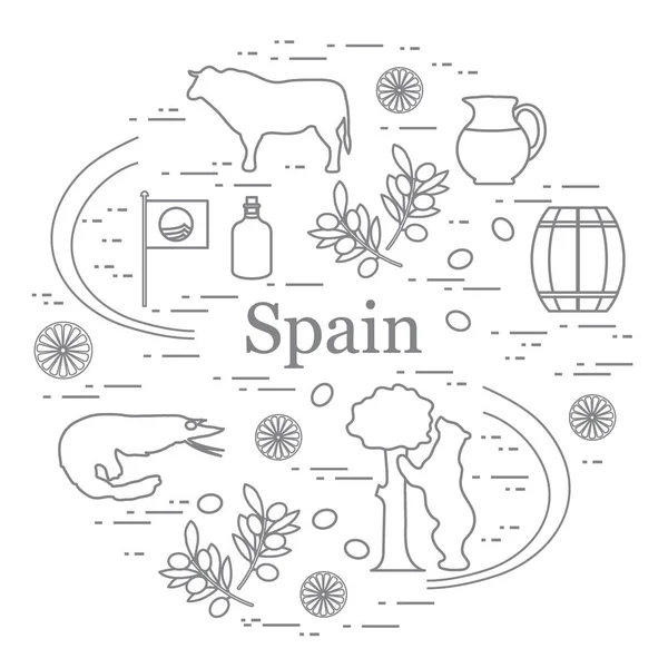 Ilustración vectorial con varios símbolos de España dispuestos en un — Vector de stock