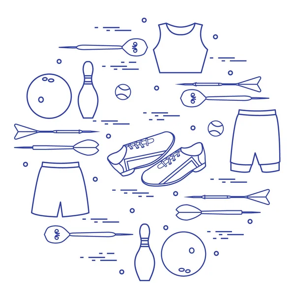 Vektör çizim ile bir daire içinde düzenlenen spor için ürünler. 