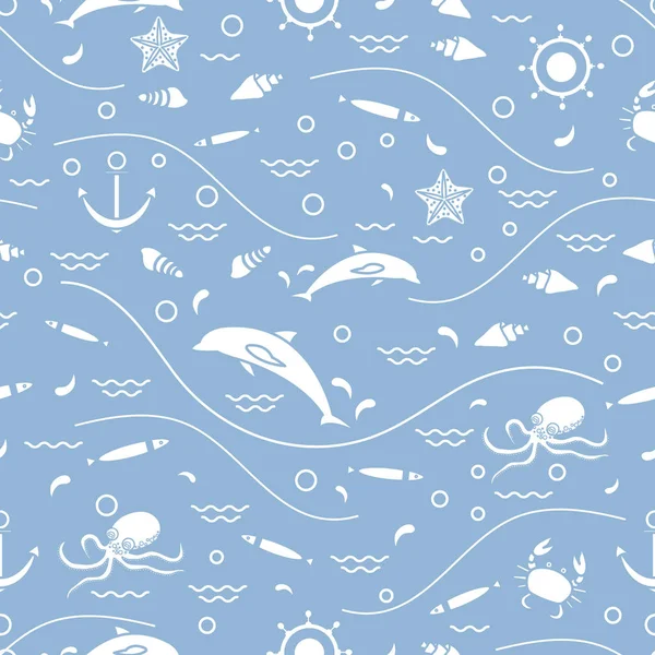Милий безшовний візерунок з дельфінами, восьминогами, рибою, якорем, шолом — стоковий вектор