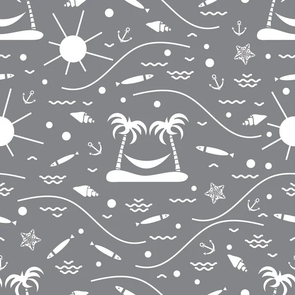 Lindo patrón sin costuras con peces, isla con palmeras y una ha — Archivo Imágenes Vectoriales