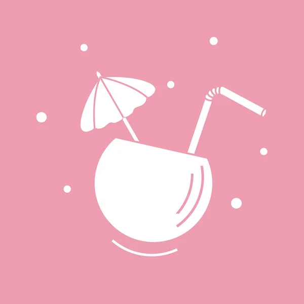 Icona stilizzata del cocktail in mezzo cocco, tubo e ombrello — Vettoriale Stock