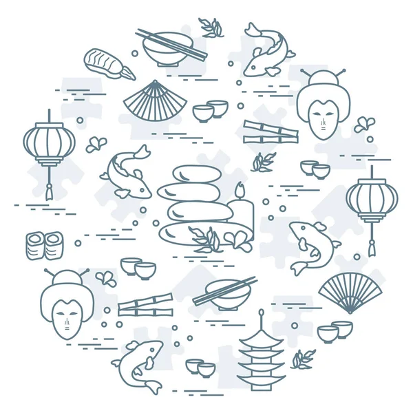 Japon kadın yüzü, fener, kase ile sevimli vektör çizim