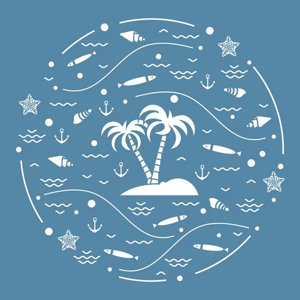 Roztomilý vektorové ilustrace s rybami, ostrov s palmami, anch — Stockový vektor