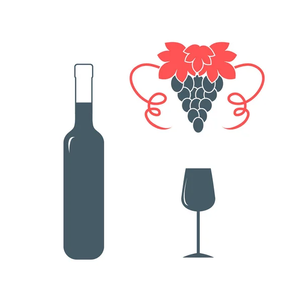 Icône stylisée d'une bouteille colorée de vin, verre à vin et raisins — Image vectorielle