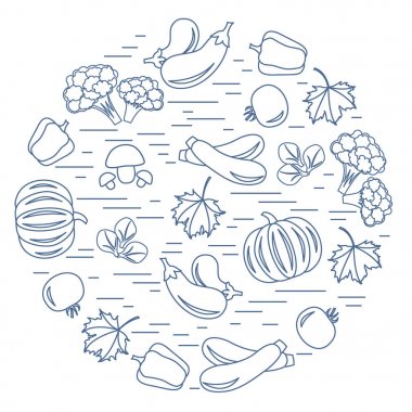 Daire içinde sonbahar mevsim sebzeleri kümesi. Domates, biber, zuc