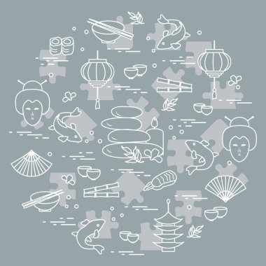 Japon kadın yüzü, fener, kase ile sevimli vektör çizim