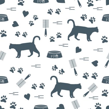 Güzel desen yürüyen kedi, izleri, kupa, kase silueti ve