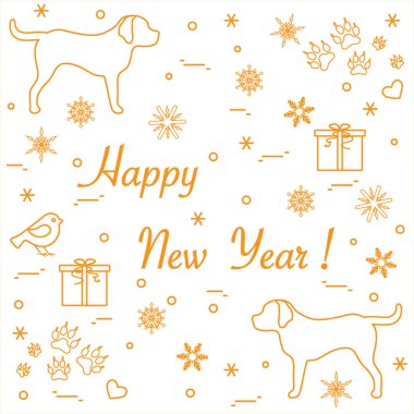 İki köpek, hediye kutuları, kuş, kalpleri sevimli vektör çizim, 