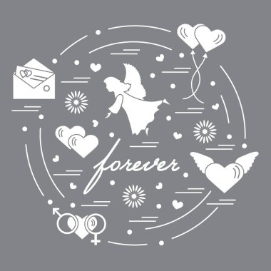 Sevimli vektör çizim farklı aşk sembolleri ile: Kalpler, ai