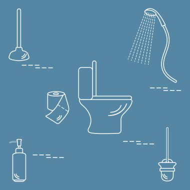 Vektör çizim klozet, duş, tuvalet kağıdı, sabun