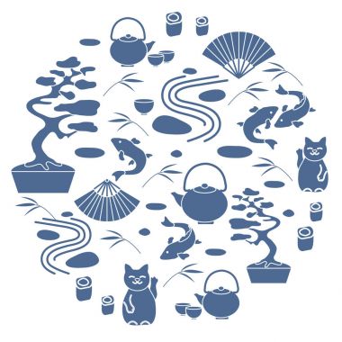 Bonsai ağacı, çaydanlık iki bardak ile sevimli vektör çizim,