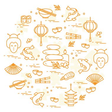 Japon kadın yüzü, fener, kase ile sevimli vektör çizim