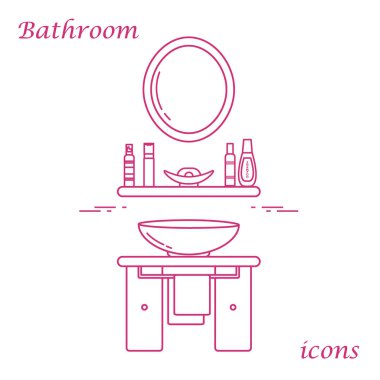 Çeşitli banyo elemanları ile sevimli vektör çizim: ayna,