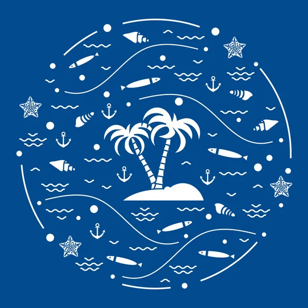 Balık, palmiye ağaçları, anch ile ada ile sevimli vektör çizim