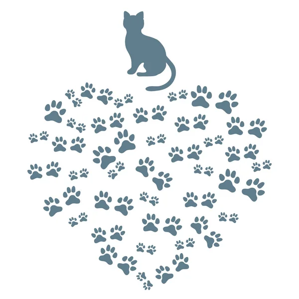 漂亮的图画的轮廓坐猫和动物的痕迹. — 图库矢量图片