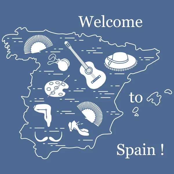 Vektoros illusztráció a különböző szimbólumokkal Spanyolország rendezett egy — Stock Vector