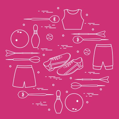 Vektör çizim ile bir daire içinde düzenlenen spor için ürünler. 