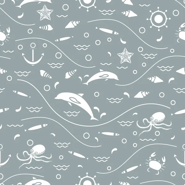 イルカ、タコ、魚、アンカー、ヘルムとかわいいのシームレス パターン — ストックベクタ