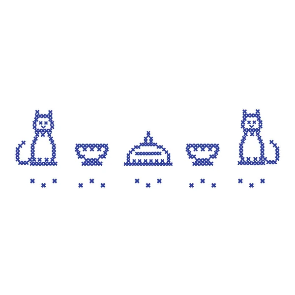 Carino vettoriale ricamo a punto croce illustrazione della teiera con due tazze e due gatti — Vettoriale Stock