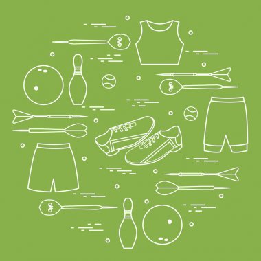 Vektör çizim ile bir daire içinde düzenlenen spor için ürünler. 