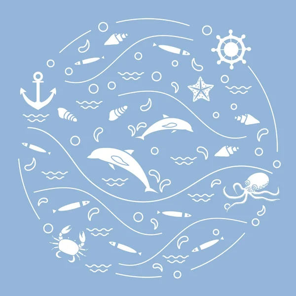 可爱的矢量图和海豚，章鱼，鱼，锚，h — 图库矢量图片